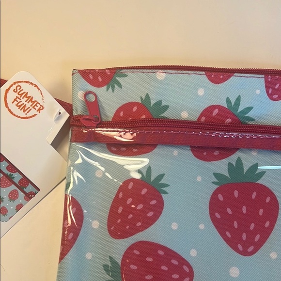 🍓Strawberry Print Wristlet Cosmetic Pouch Clutch Baby Blue and Pink - Picture 8 of 11